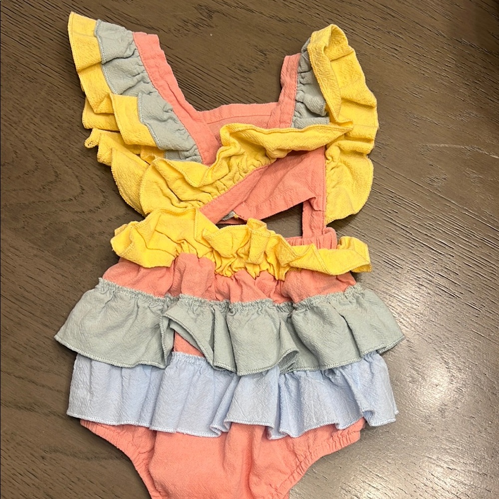 SHEIN Kids Ruffled One Piece - Coral, Yellow, and Light Blue - Picture 2 of 3